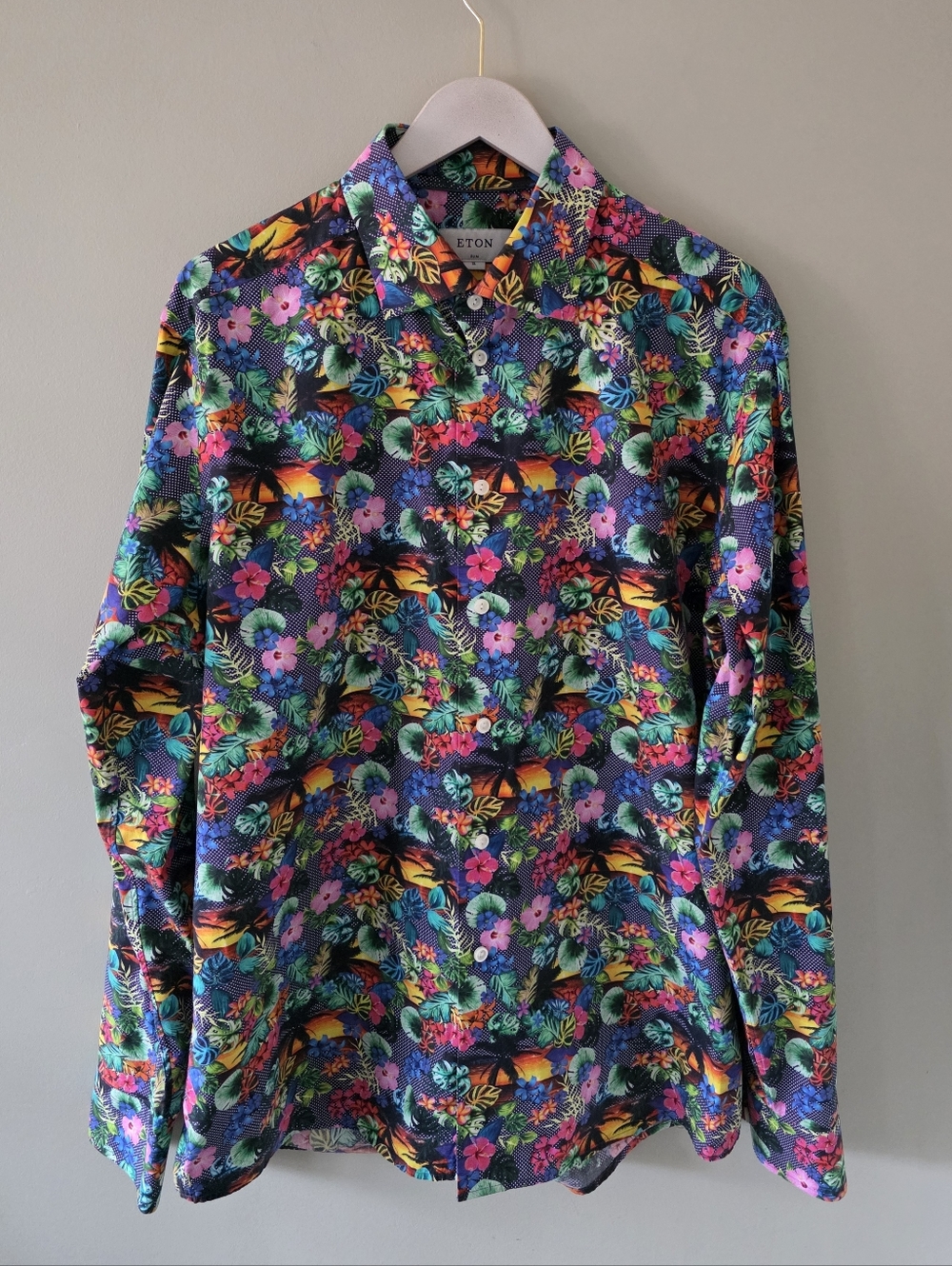 NWOT Eton XL Eclectic Colorful Retro Tropical Euro Chic Slim Fit Poplin Shirt